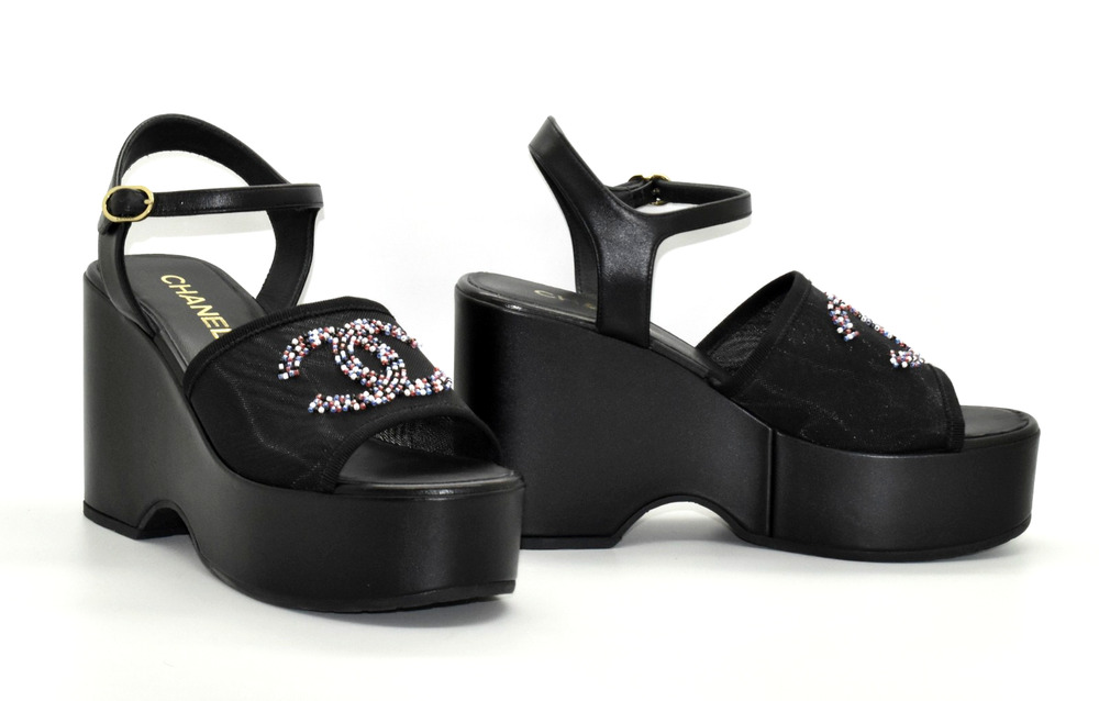 C00 Auth CHANEL Black Leather CC Logo Mesh & Beaded Wedge Sandals Size 38.5